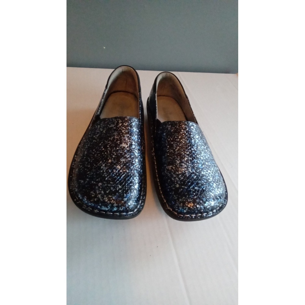 Alegria PG‎ Lite Blue Metallic Snakeskin Leather Slip On Loafers Womens Shoes